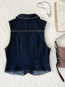 Elamini 女士单排扣口袋时尚百搭休闲牛仔夹克 - 深色水洗藍 - 查看 2