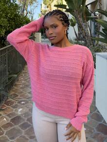 Tyla Gomez 简约时尚蝴蝶结装饰圆领毛衣，适合秋冬季，长袖上衣 - 玫紅色 - 查看 4