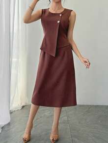 DAZY Women's Round Neck Sleeveless Asymmetrical Design Elegant Mid-Length Dress Sundress - Mocha Brown - View 2