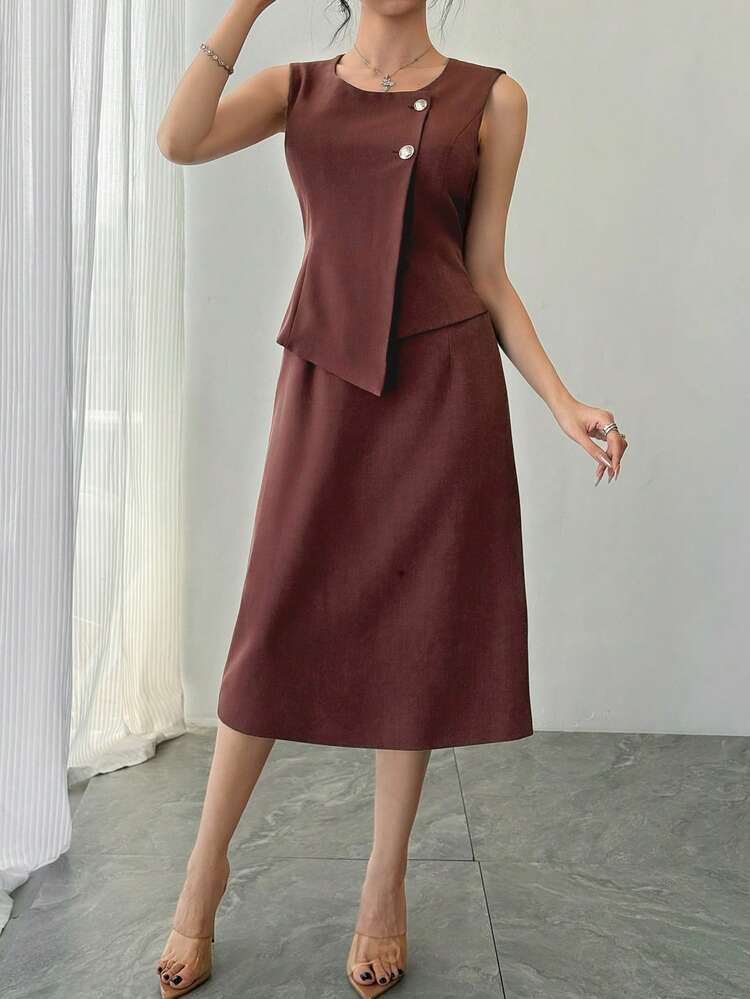 Women's Round Neck Sleeveless Asymmetrical Design Elegant Mid-Length Dress Sundress