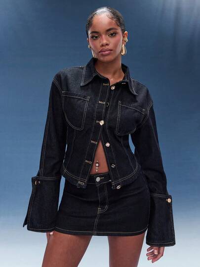 Normani 收腰、夸张袖口、翻领牛仔衬衫