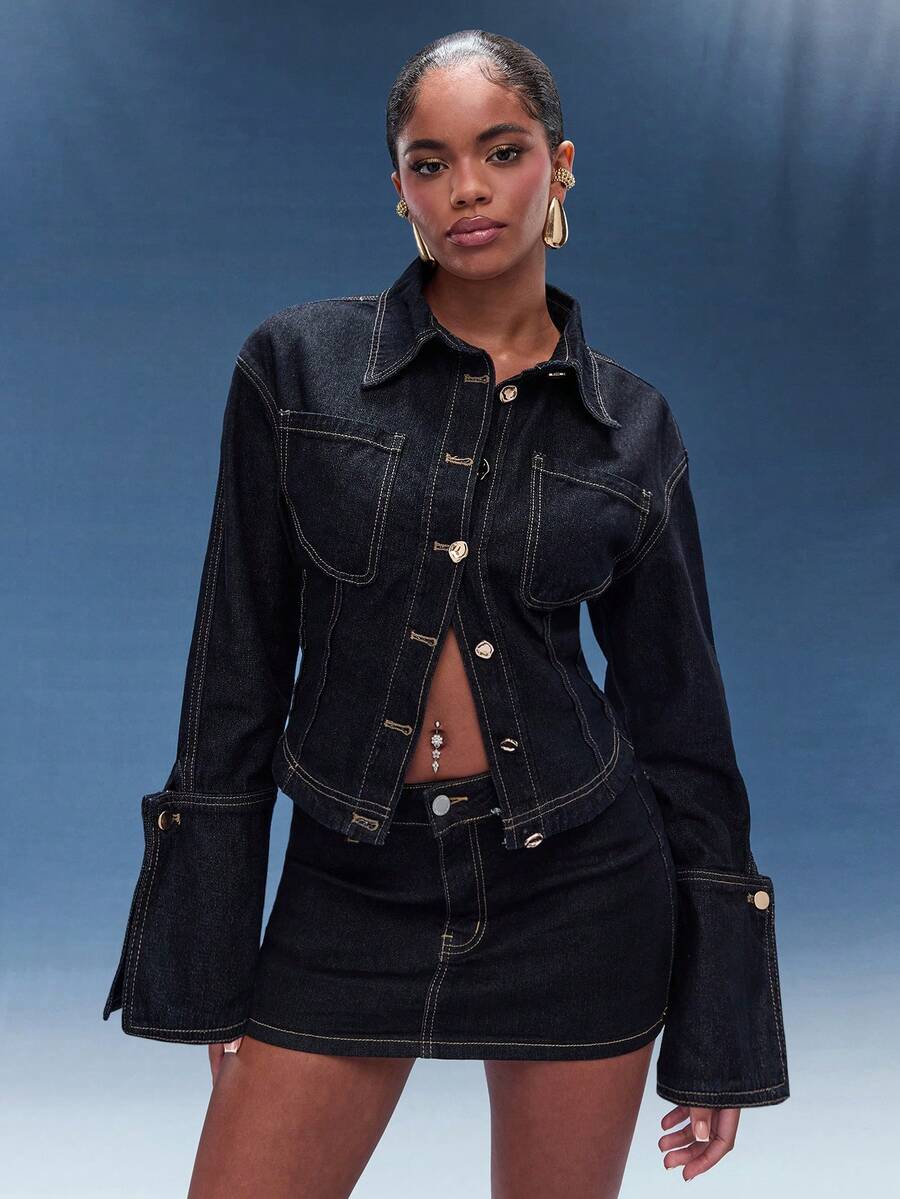 Normani 春夏音乐会女士外出休闲2000年代Y2K 90年代俱乐部复古锐舞音乐节老钱街头服饰嘉年华情人节女士嘉年华服装情人节度假女士优雅沙滩收腰夸张袖口翻领牛仔衬衫 - 深色水洗藍 - 查看 1