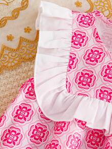 SHEIN Young Girl Woven Contrast Color Round Neck Ruffle Hem Casual Dress - Pink - View 3