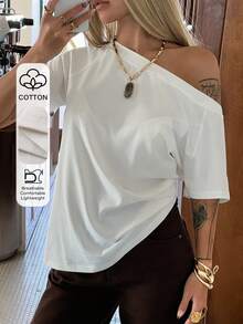 Livesso 女士宽松露肩休闲短袖度假风T恤 - 白色 - 查看 2
