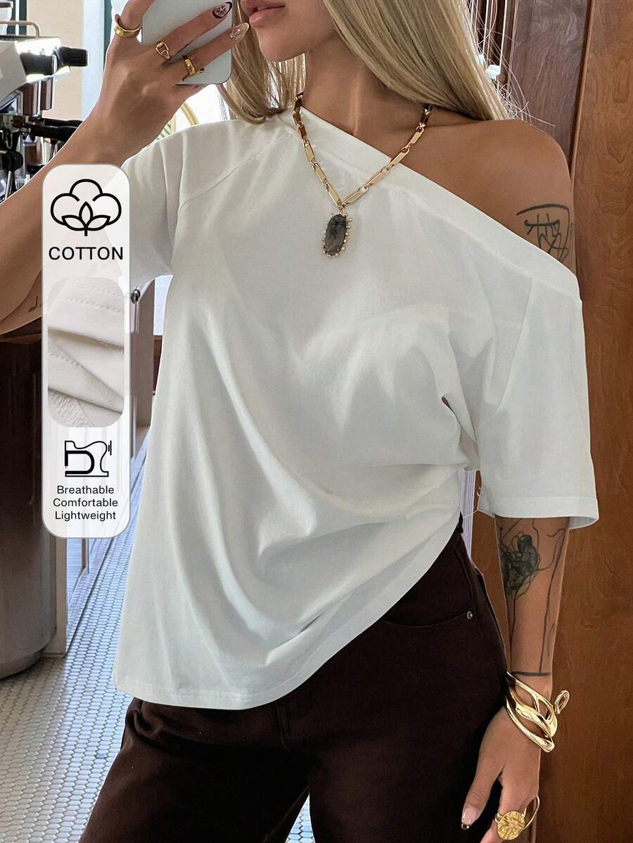 Livesso 女士宽松露肩休闲短袖度假风T恤 - 白色 - 查看 1