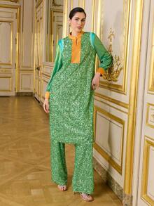 LOTSLUV Vestido Camisa Longo Solto Feminino, Manga Longa com Botões, Patchwork de Tecido com Contas Verde e Cetim Laranja, Vestuário do Oriente Médio, Blusas para Mulheres - Verde - Visão 6