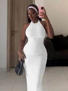 Slaydiva Spring/Summer New Y2K Street Style Sexy Dress - Sexy, Party, Dinner, Date, Nightclub, Nightlife, Travel, Airport, Street Style, Y2K, Party, Vacation - Basic Backless Fitted Long Dress - A - White - View 5