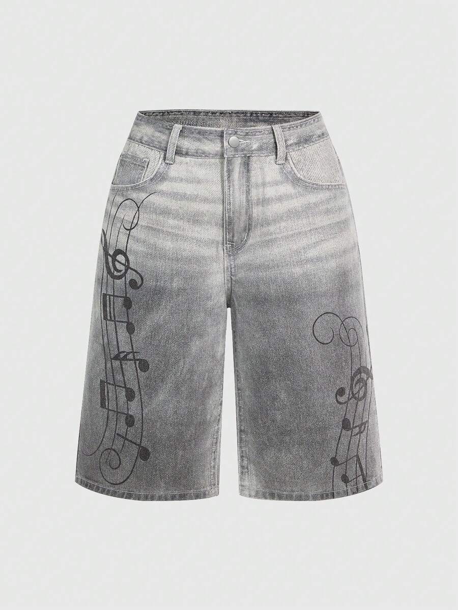 ROMWE Avant Quần short denim xám bạc màu phong cách Y3K cổ điển, cạp trung, in họa tiết nốt nhạc dành cho nữ. - Xám - Xem 1