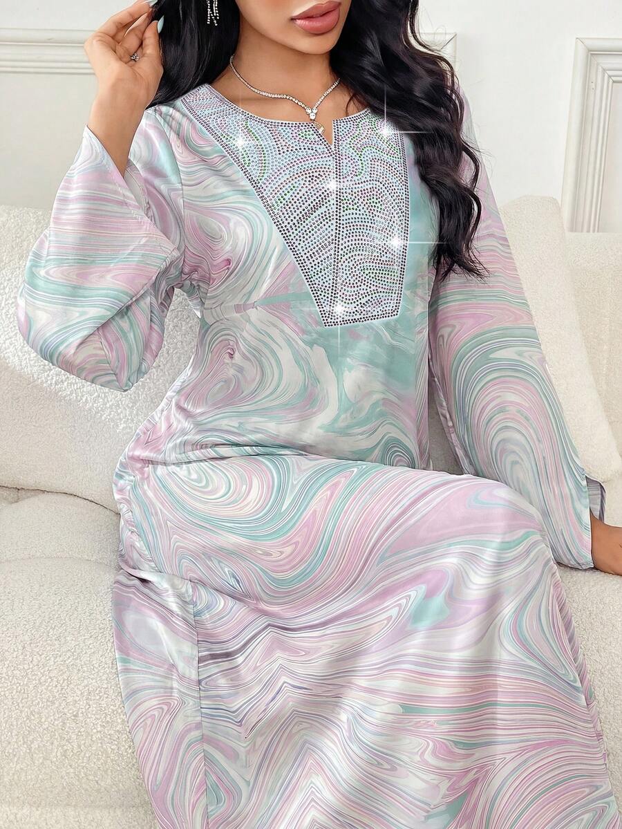 Yasmyna Women's V-Neck Long Sleeve Color Block Maxi Elegant Arabian Dress - Pink - View 1