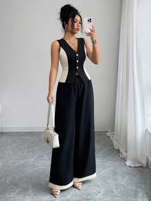 Elenzga Bộ đồ 2 mảnh thanh lịch dành cho nữ: Áo crop top không tay cổ chữ V phối màu tương phản và quần ống đứng, thích hợp cho mùa xuân/hè. - màu đen - Xem 3
