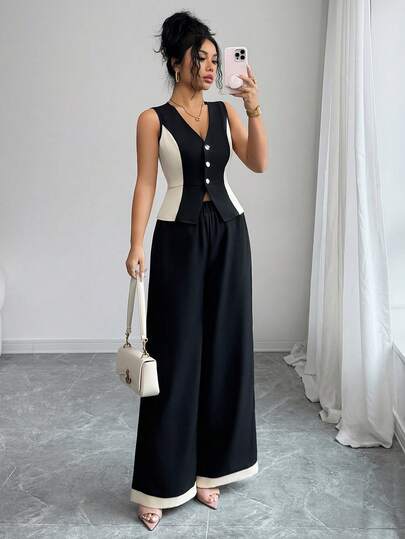 Elenzga 女士优雅拼接撞色V领无袖露脐上衣和直筒裤两件套，春夏款