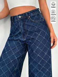 EURMUSE 100% Cotton Women's Plaid Pattern Slant Pocket Wide Legs Casual Jeans - Medium Wash - View 4
