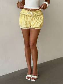 Selianne 女士弹力腰短裤，复古百搭条纹蝴蝶结装饰，荷叶边拼接灯笼裤，Y2K风格休闲日常穿着，派对及假日皆宜 - 黃色 - 查看 4