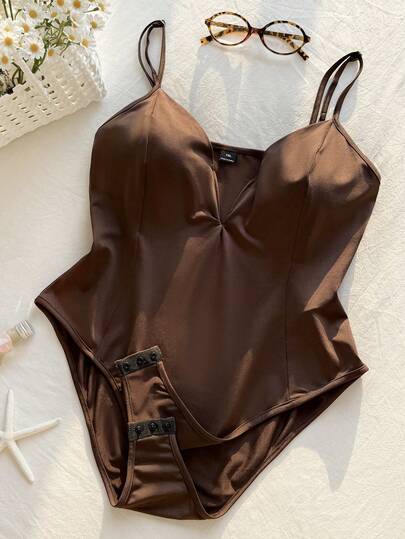 Comfortcana Plus Size V-Neck Steel Hoop Decor Sexy Slim Fit Camisole Camisole, Spring/Summer Brown Bodysuit