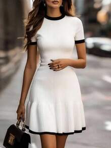 Ellegaria. New Elegant Lady-Like Fitted Knit Sweater Dress, Sophisticated Design, Graceful Quality, Suitable For Spring & Autumn White And Black Dress Classy White Dress Chic Dress Dress With Belt Fashion Clothes - Black and White - View 1