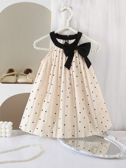 SHEIN 可爱优雅的宽松波点褶皱蝴蝶结杏色连衣裙