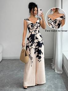 Rafferiza 女士露肩印花收腰阔腿连体裤，休闲度假装，春夏款 - 杏色 - 查看 7