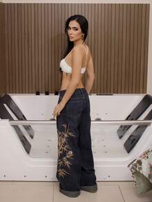 Vintage Street Chic Chinese Style Tiger & Floral Embroidered Loose Wide Leg Low Waist Jeans, Unisex - Blue - View 5