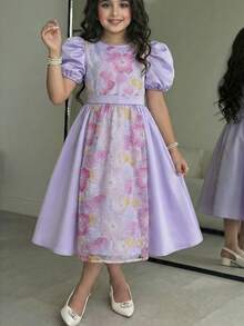 SHEIN Đầm công chúa tay ngắn dáng chữ A màu tím thanh lịch đính cườm và thêu họa tiết, cổ Peter Pan, dành cho bé gái tuổi teen. - Màu tím - Xem 5