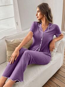 SHEIN 女士经典简约紫色V领短袖上衣和裤子家居服套装，休闲睡衣 - 紫色 - 查看 3