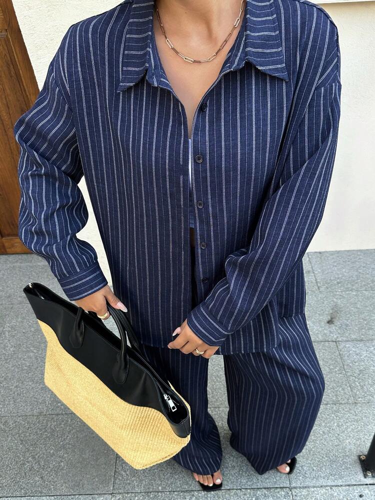 Dazy Plus Plus Size Women 2-Piece Set: Casual Striped Loose Turndown Collar Long Sleeve Shirt Top And Straight Leg Pants, Spring/Summer Lounge Sets For Women