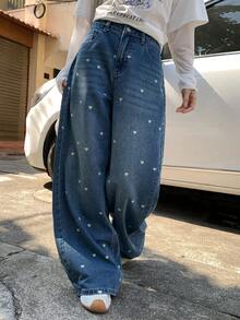 FRIFUL Women's Casual Heart Print Washed Denim Jeans, Suitable For Autumn - Blue - View 4