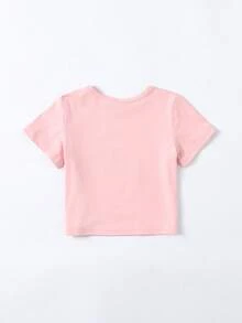 SHEIN 女婴休闲可爱粉色蝴蝶结印花短袖上衣和荷叶边蝴蝶结牛仔裤套装，夏季 - 粉色 - 查看 4