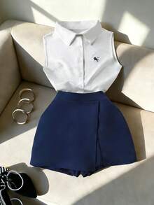 GlowEve Women's Summer Casual Knight Embroidery Front Button Sleeveless Shirt And Skirt Pants 2-Piece Set - Multicolor - View 3