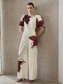 MOTF PREMIUM WOMEN ASYMMETRIC FLORAL PRINT SHORT SLEEVE TOP AND PANTS 2 PIECES SET - Apricot - View 5