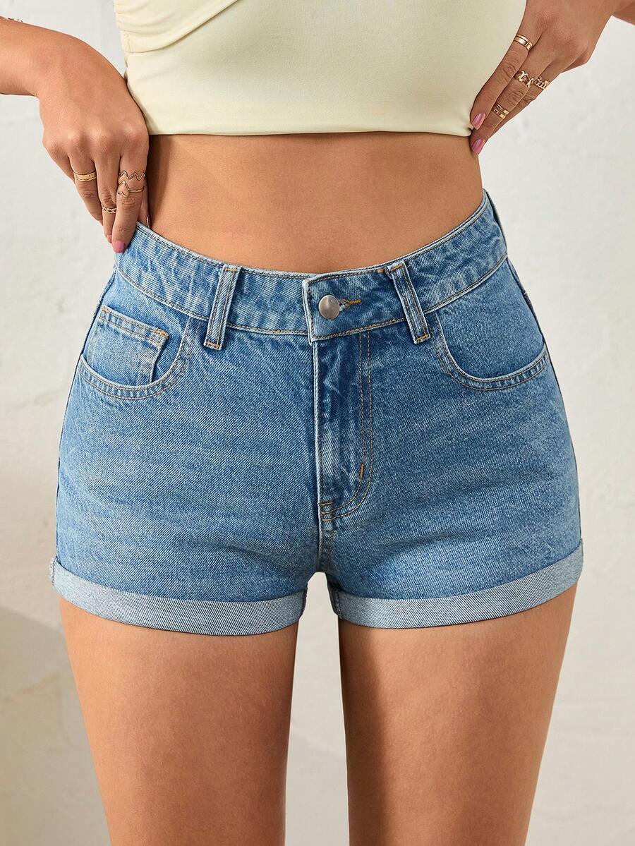 SHEIN Low Waist Light Blue Washed Denim Shorts - Medium Wash - View 1