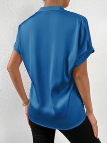 Chiquease Casual Solid Color Short Sleeve Shirt, Summer - Blue - View 2