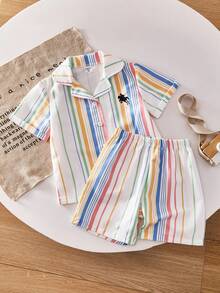 SHEIN Casuvi Kids 2pcs Set - Collared Short Sleeve Striped Shirt With Colorful Prints, Paired With Loose Shorts, Suitable For Casual Daily Wear In Spring/Summer - Multicolor - View 5