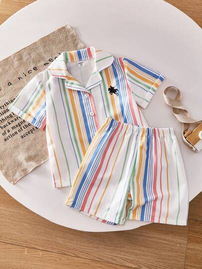 SHEIN Casuvi Kids 2pcs Set - Collared Short Sleeve Striped Shirt With Colorful Prints, Paired With Loose Shorts, Suitable For Casual Daily Wear In Spring/Summer