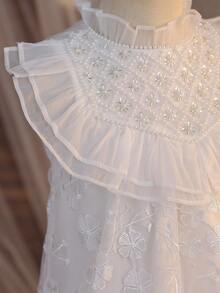 SHEIN 少女纯色网纱刺绣荷叶边下摆休闲连衣裙 - 白色 - 查看 13