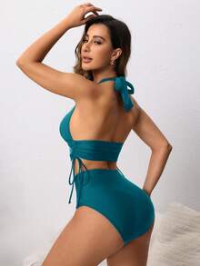 Swim Lushoire Conjunto de bikini de mujer con cuello de halter y cordón ajustable de unicolor, versátil y combinable - Agua verde azul - Ver 2