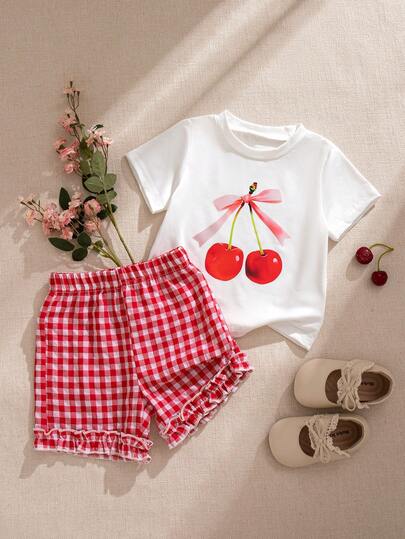 Souflis Souflis 法式新款0-3岁女婴白色圆领短袖樱桃印花T恤搭配红白格子短裤，时尚休闲，趣味百搭，适合居家、玩耍、上学等各种场合。