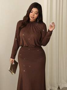 Firerie Elegant Coffee Brown Plus Size Maxi Dress For Women With Ruched Round Neck And Long Sleeves Knitted A-Line Wrap Hem - Coffee Brown - View 2