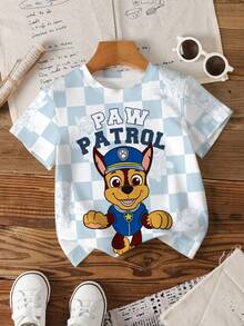 SHEIN | PAW Patrol Young Boy Casual Checkered Cartoon Dog & Letter Print Round Neck Short Sleeve T-Shirt, Summer - White - View 1