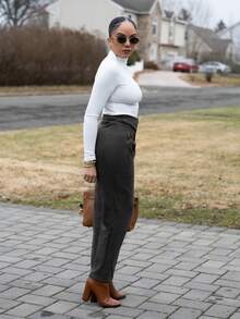 Melissa Matos Women's Casual High Waist Fold Pleated Skinny Pants - Army Green - View 3