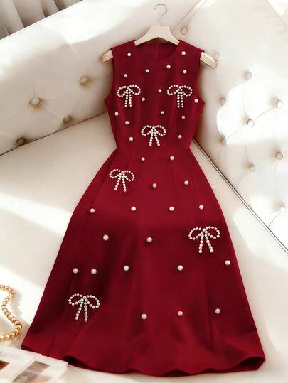 Franclia Elegant Sleeveless Dress With Bow And Pearl Decor,Turkish Abaya, Arab Long Robe Fall Cloth For Women