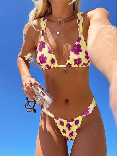 Swim Mod Bikini de dos piezas con estampado floral rosa para mujer, ideal para vacaciones en la playa