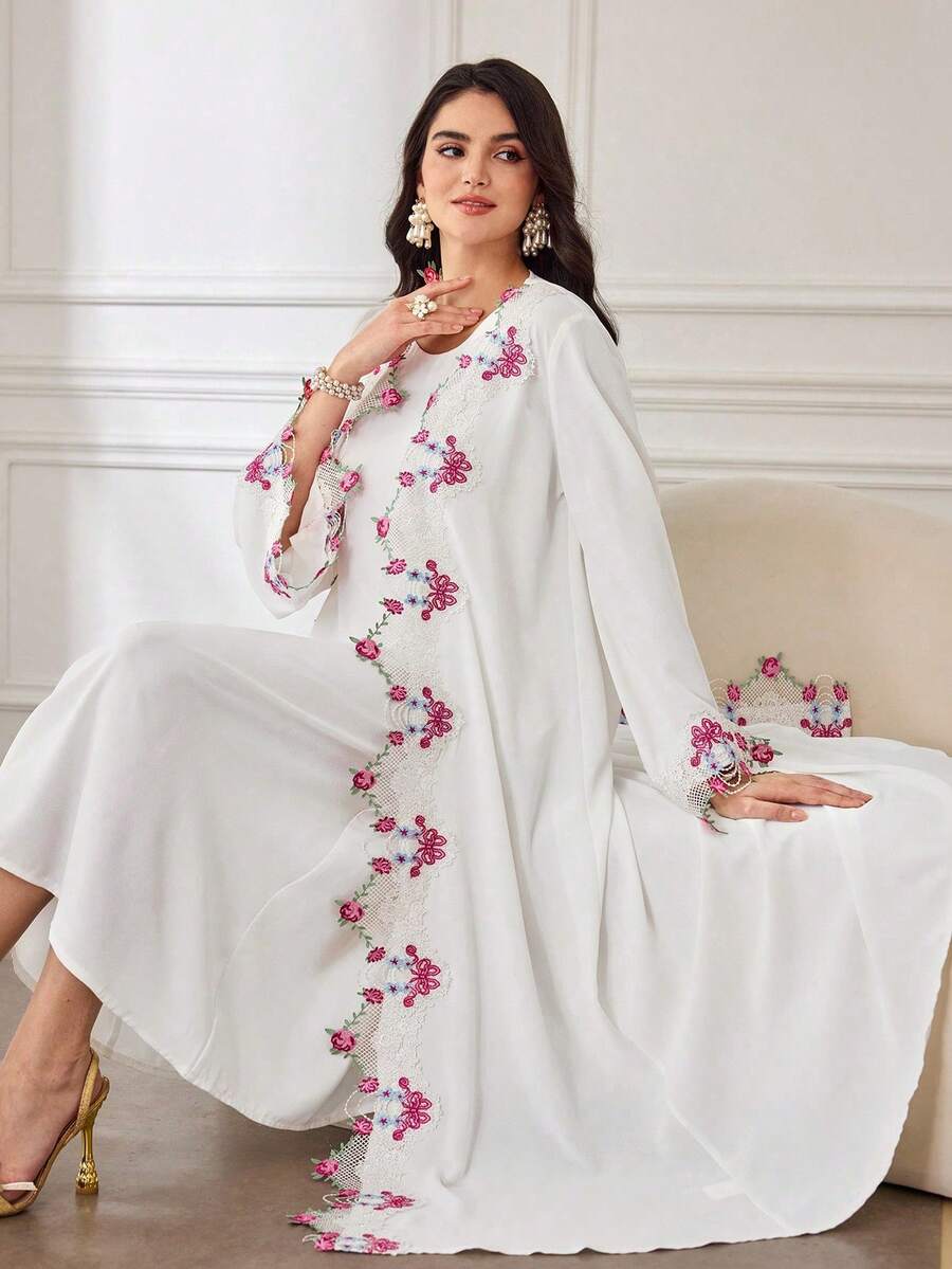 SHEIN Najma 优雅复古定制浪漫蕾丝拼接宽松两件套女装 - 白色 - 查看 1