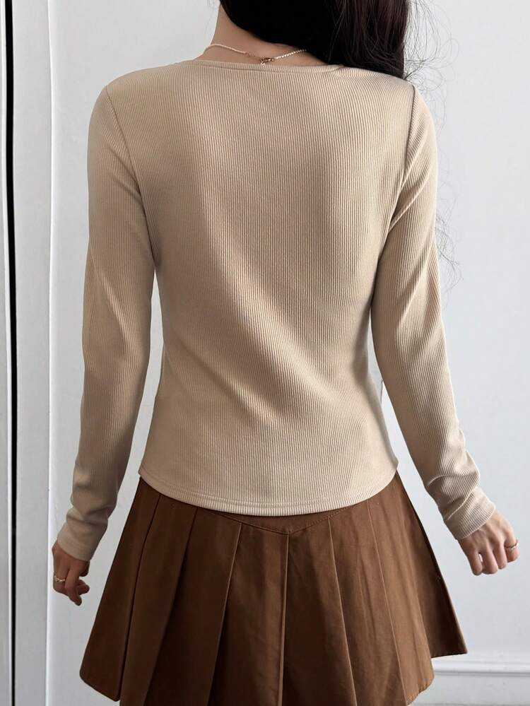 Women's Solid Color Long Sleeve Asymmetric Hem Casual T-Shirt