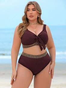 Swim Lushoire Plus Size Women 2pcs Ribbed Fabric Chest Tie Decor Underboob Strap High Waist Bikini Swimsuit Set, Sexy & Elegant For Beach Holiday - Burgundy - View 5