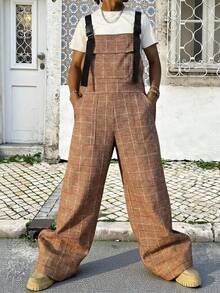 Manfinity Roghcode 男士街头风流行INS搭配，男士休闲格子宽松连体裤，工装风格。融合街头风和Y2K元素，完美契合返校季和日常穿着。吸睛配色，舒适面料，送给男友的时尚礼物，2000年代风格，秋冬必备。 - 棕色 - 查看 3