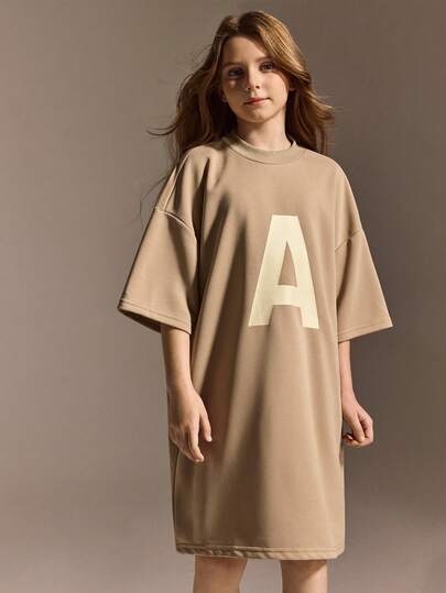 SHEIN Tween Girls' Casual Loose Fit Oversized T-Shirt Dress, Comfortable & Soft, Letter Print, School Style