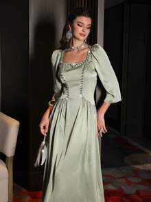 Layrah Handmade Rhinestone Beaded Square Neck Puff Sleeve Arabic Style Dress - Green - View 1