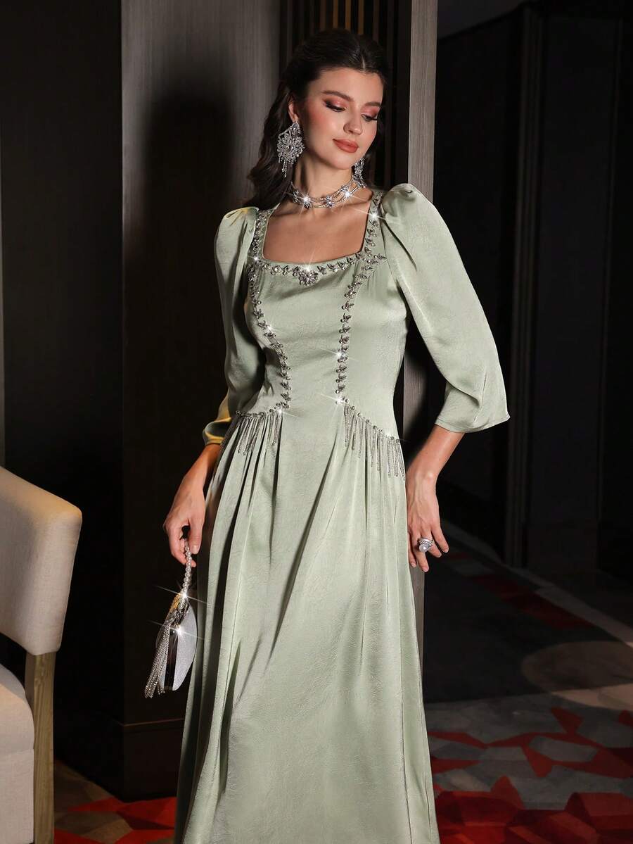 Layrah Handmade Rhinestone Beaded Square Neck Puff Sleeve Arabic Style Dress - Green - View 1