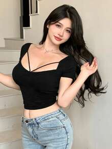 DAZY 女士极简纯色镂空修身短袖T恤，夏季露脐上衣 - 黑色 - 查看 6