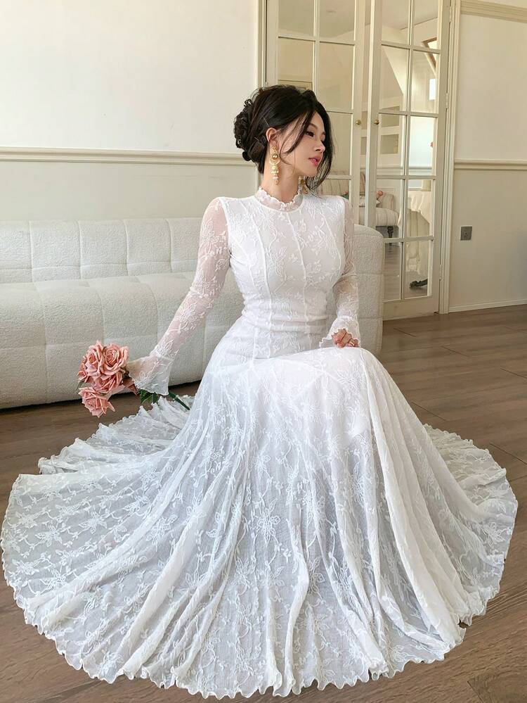Women's Lace Fabric Waist Cinched A-Line Flare Sleeve Long Sleeve Elegant Fitted Dress Sundress